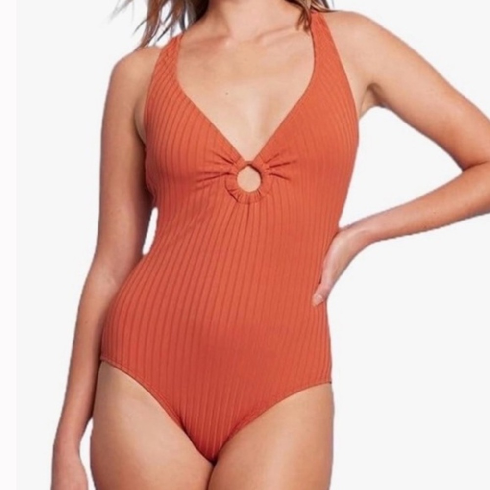 Kona Sol Burnt Orange Ribbed O-Ring One-Piece Swimsuit M Euro Summer Coastal